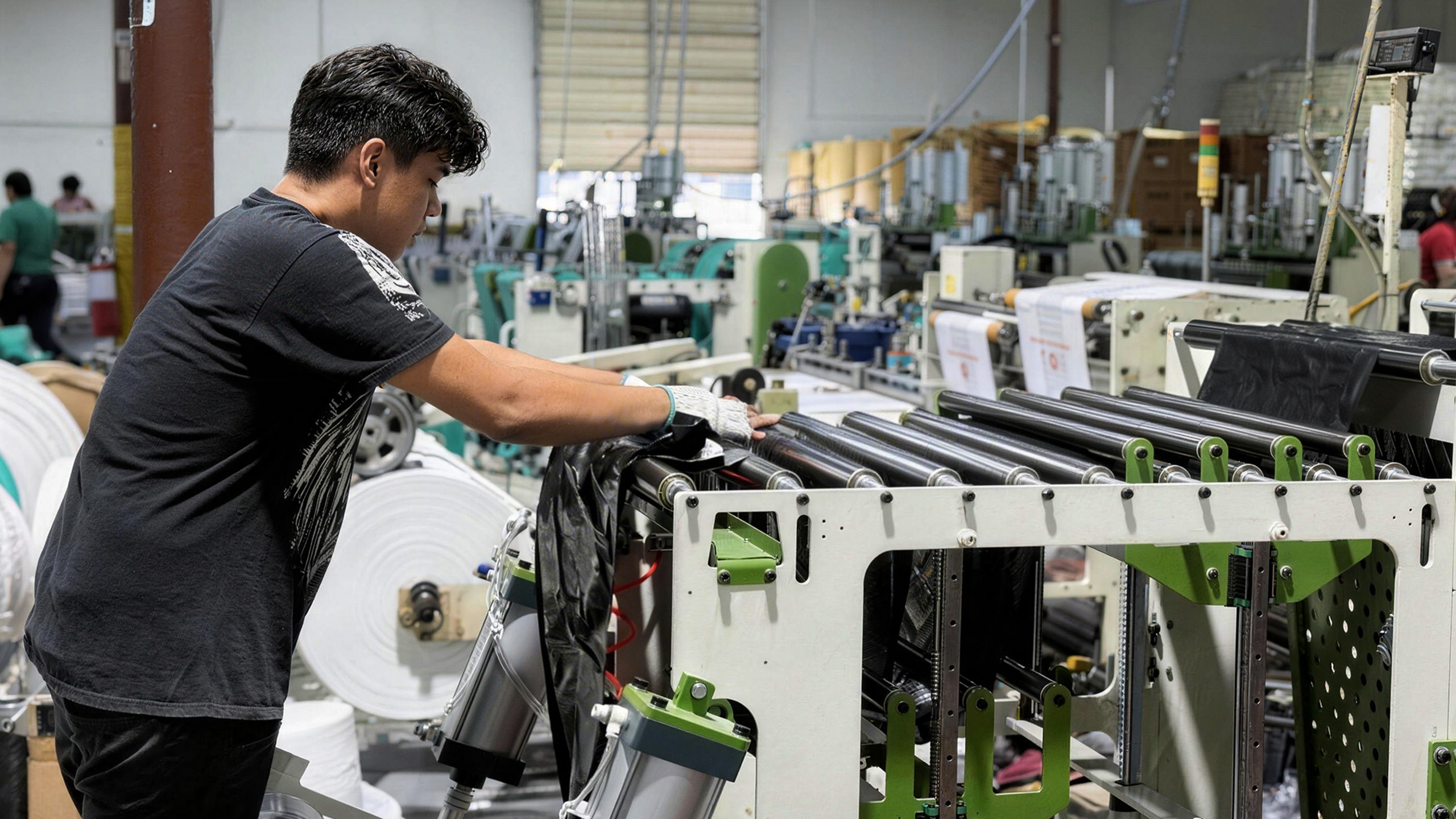 Plastic bag production floor with bag making machines and workers