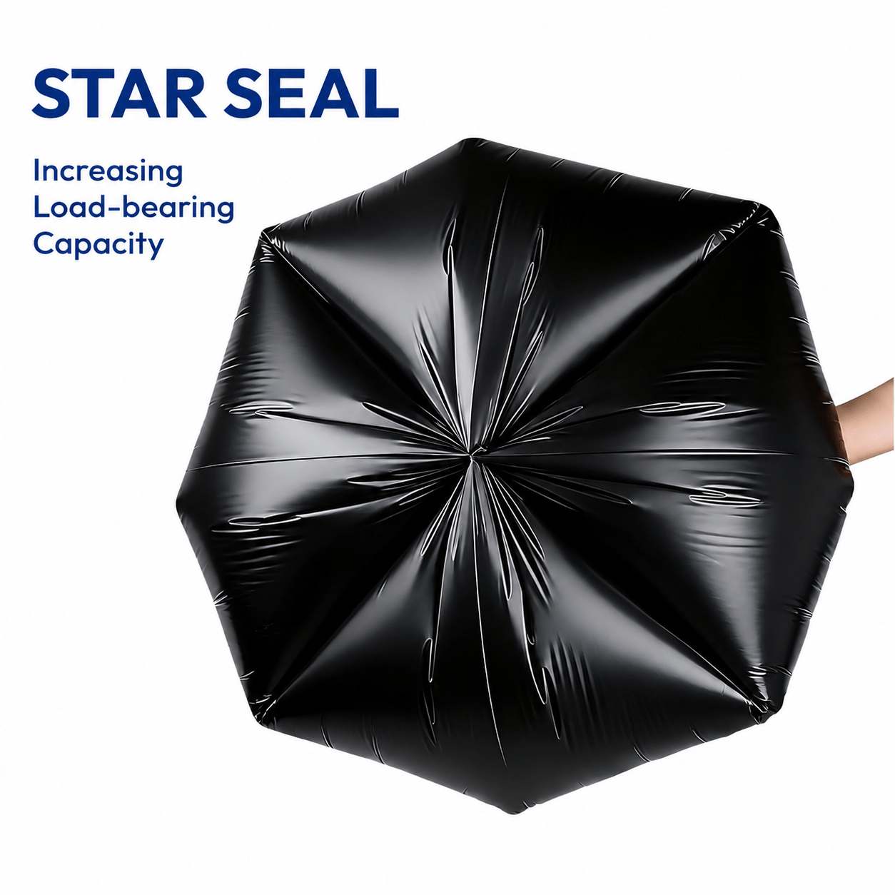 Star seal bottom structures on commercial trash bags manufactured by Greenway Plastic in Houston, Texas for wholesale janitorial supply.