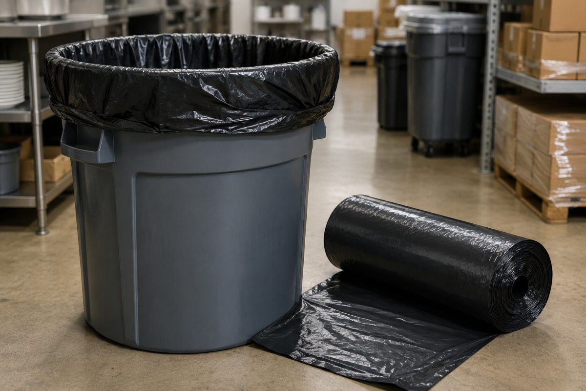 Commercial can liners fitted inside a trash can with liner roll for business use