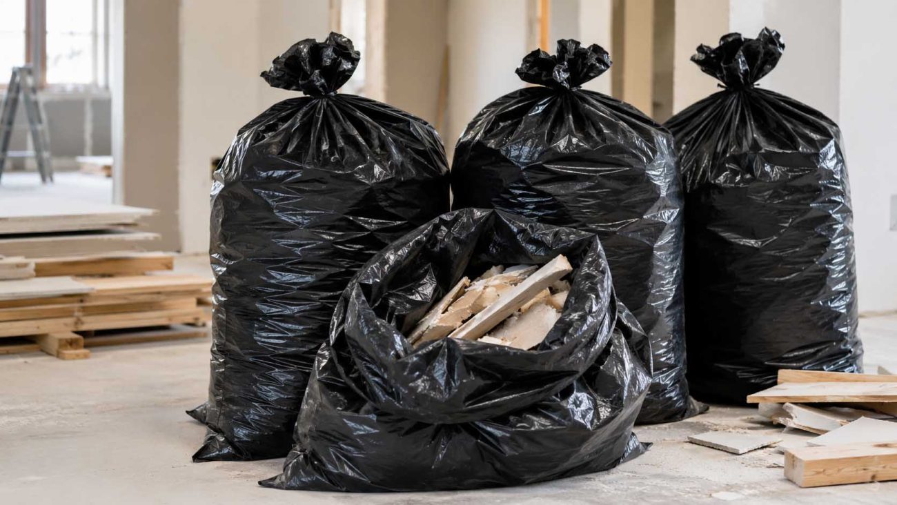Heavy-duty contractor trash bags filled with construction debris at a renovation jobsite