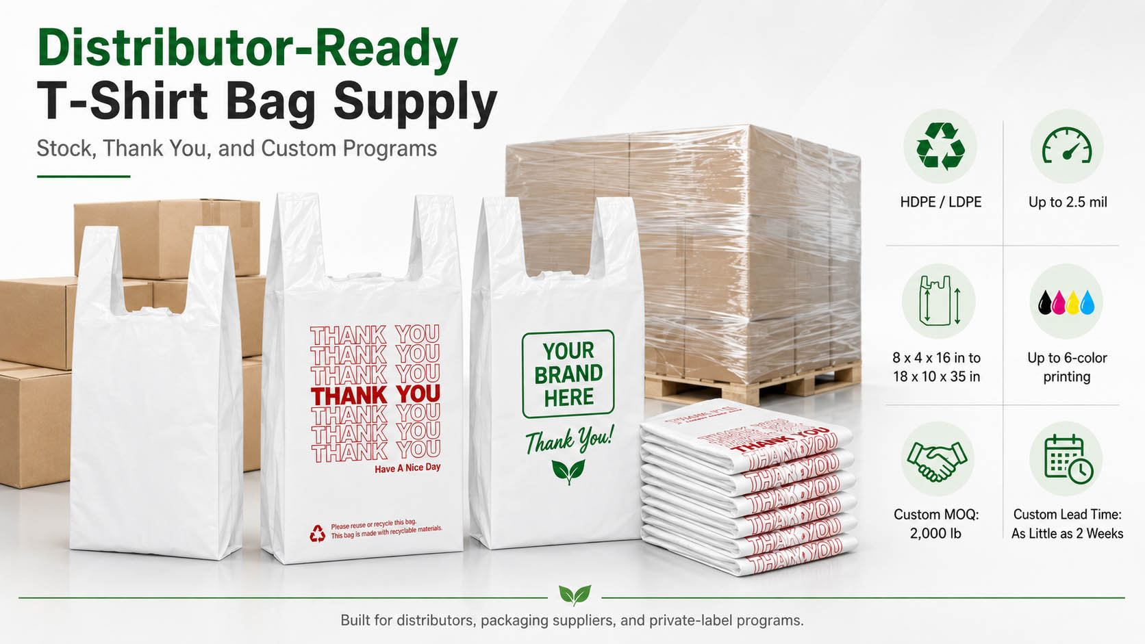 Distributor-ready wholesale T-shirt bags, including plain white stock bags, red Thank You grocery bags, custom printed HDPE and LDPE bags, folded bundles, cartons, and palletized inventory.